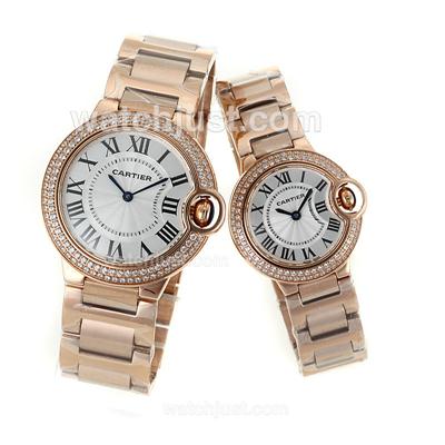 Cartier Ballon bleu de Cartier Full Rose Gold Diamond Bezel with White Dial-Couple Watch
