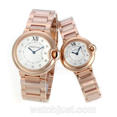 Cartier Ballon bleu de Cartier Full Rose Gold Diamond Markers with White Dial-Sapphire Glass-Couple Watch