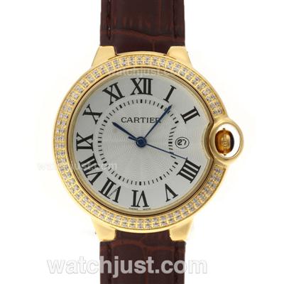 Cartier Ballon bleu de Cartier Gold Case Diamond Bezel with Brown Leather Strap-Couple Watch