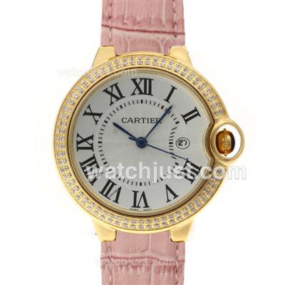 Cartier Ballon bleu de Cartier Gold Case Diamond Bezel with Pink Leather Strap-Couple Watch