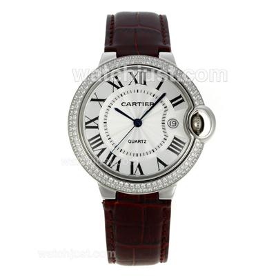 Cartier Ballon bleu de Cartier Roman Marker Diamond Bezel with White Dial-Leather Strap