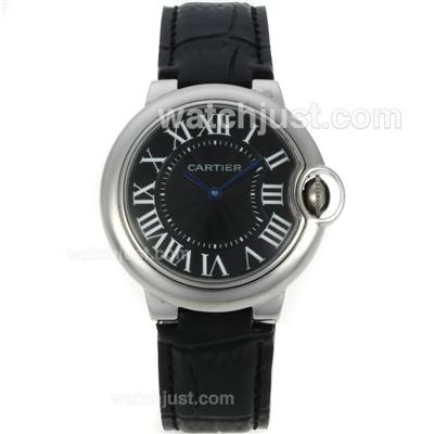 Cartier Ballon bleu de Cartier Roman Markers with Black Dial-Leather Strap-Medium Size