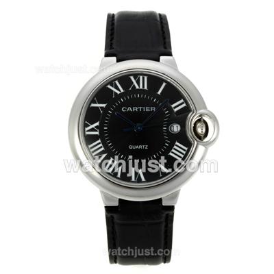 Cartier Ballon bleu de Cartier Roman Markers with Black Dial-Leather Strap