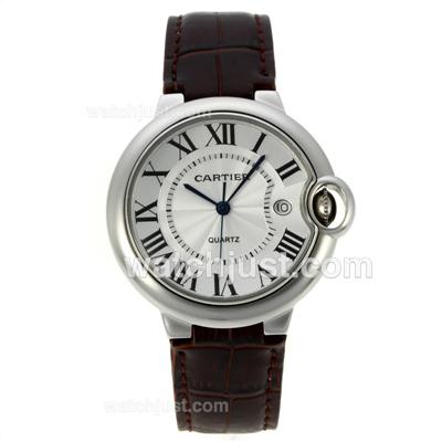 Cartier Ballon bleu de Cartier Roman Markers with White Dial-Brown Leather Strap