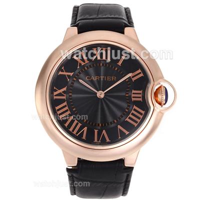 Cartier Ballon bleu de Cartier Rose Gold Case Black Dial with Black Leather Strap-Oversized Version