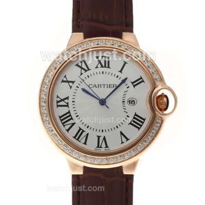 Cartier Ballon bleu de Cartier Rose Gold Case Diamond Bezel with Brown Leather Strap-Couple Watch