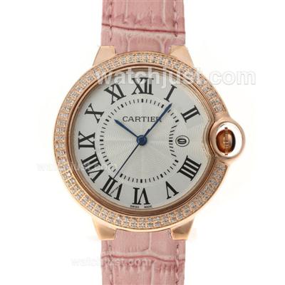 Cartier Ballon bleu de Cartier Rose Gold Case Diamond Bezel with Pink Leather Strap-Couple Watch