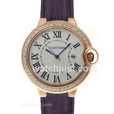 Cartier Ballon bleu de Cartier Rose Gold Case Diamond Bezel with Purple Leather Strap-Couple Watch