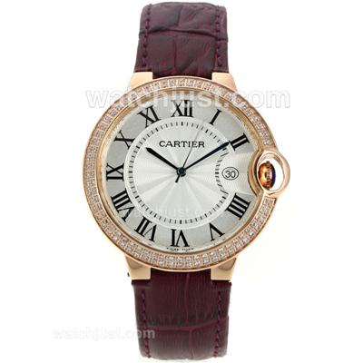 Cartier Ballon bleu de Cartier Rose Gold Case Diamond Bezel with White Dial-Leather Strap