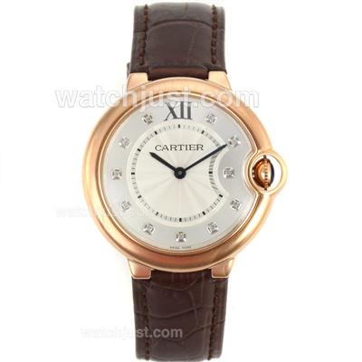 Cartier Ballon bleu de Cartier Rose Gold Case Diamond Markers with White Dial-Brown Leather Strap-Sapphire Glass