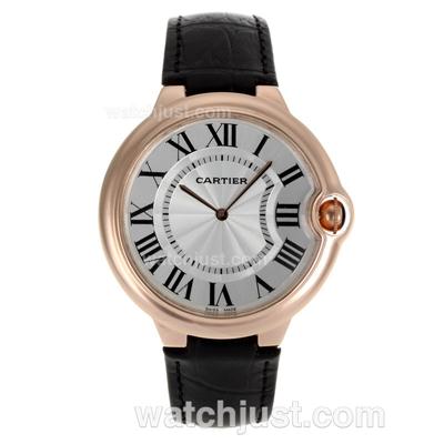 Cartier Ballon bleu de Cartier Rose Gold Case White Dial with Black Leather Strap-Oversized Version