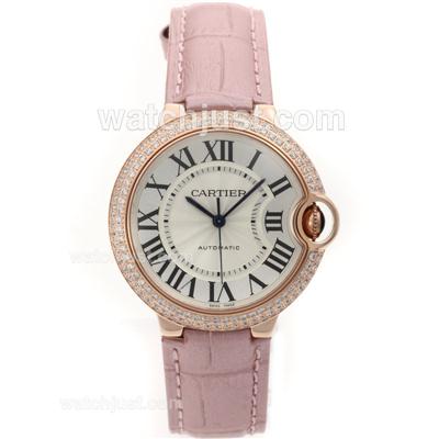 Cartier Ballon bleu de Cartier Swiss ETA 2836 Movement Rose Gold Case Diamond Bezel with Pink Leather Strap