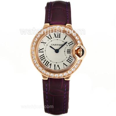 Cartier Ballon bleu de Cartier Swiss ETA Movement Rose Gold Case Diamond Bezel with White Dial-Purple Leather Strap