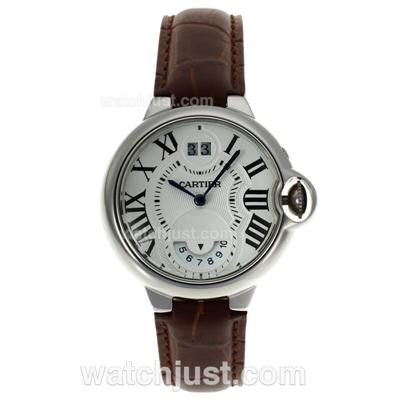 Cartier Ballon bleu de Cartier Two Time Zone Automatic with White Dial-Leather Strap