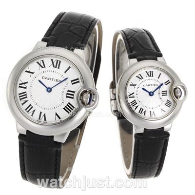 Cartier Ballon bleu de Cartier White Dial with Black Leather Strap-Couple Watch