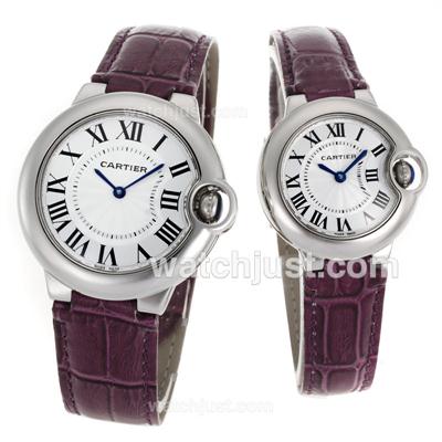 Cartier Ballon bleu de Cartier White Dial with Purple Leather Strap-Couple Watch
