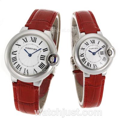 Cartier Ballon bleu de Cartier White Dial with Red Leather Strap-Couple Watch