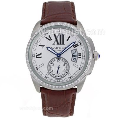 Cartier Calibre de Cartier Automatic Diamond Bezel with White Dial-Leather Strap