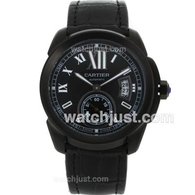 Cartier Calibre de Cartier Automatic PVD Case with Black Dial-Black Leather Strap