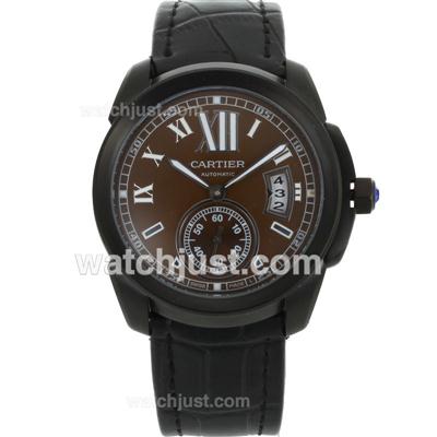 Cartier Calibre de Cartier Automatic PVD Case with Brown Dial-Black Leather Strap