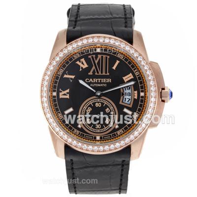 Cartier Calibre de Cartier Automatic Rose Gold Case Diamond Bezel with Black Dial-Leather Strap