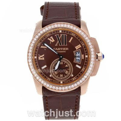 Cartier Calibre de Cartier Automatic Rose Gold Case Diamond Bezel with Brown Dial-Leather Strap