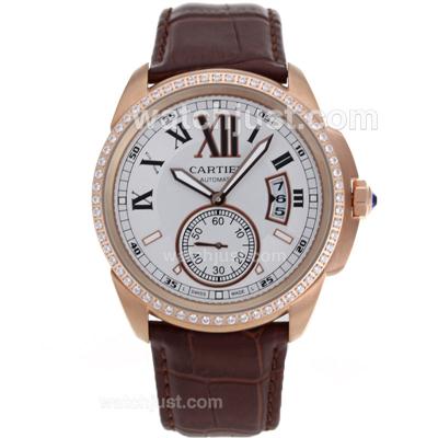 Cartier Calibre de Cartier Automatic Rose Gold Case Diamond Bezel with White Dial-Leather Strap