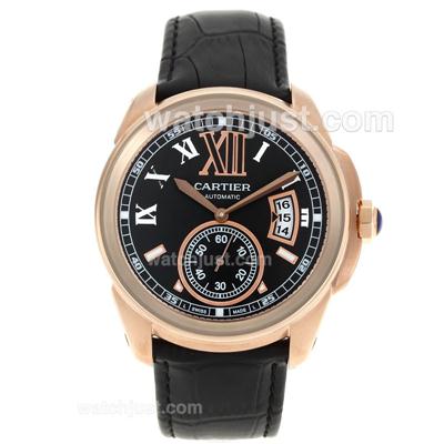 Cartier Calibre de Cartier Automatic Rose Gold Case with Black Dial-Leather Strap