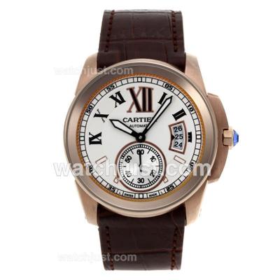 Cartier Calibre de Cartier Automatic Rose Gold Case with White Dial-Leather Strap