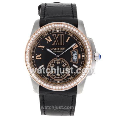 Cartier Calibre de Cartier Automatic Two Tone Case Diamond Bezel with Black Dial-Leather Strap