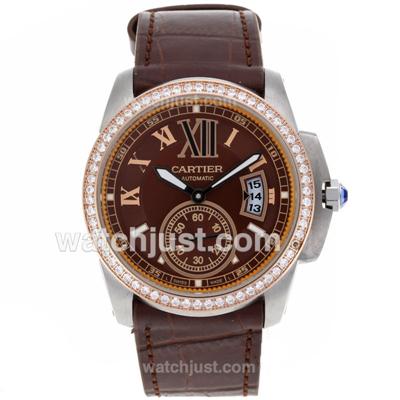 Cartier Calibre de Cartier Automatic Two Tone Case Diamond Bezel with Brown Dial-Leather Strap