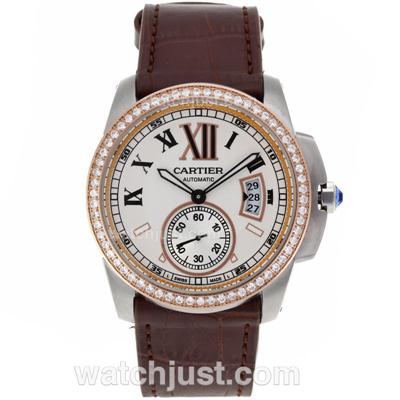 Cartier Calibre de Cartier Automatic Two Tone Case Diamond Bezel with White Dial-Leather Strap