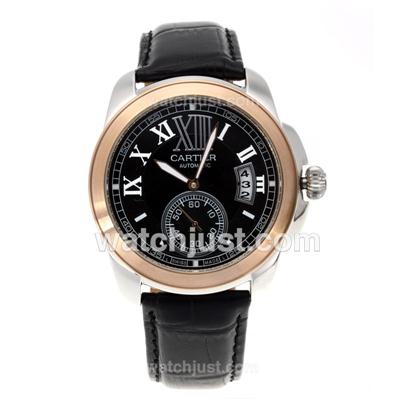 Cartier Calibre de Cartier Automatic Two Tone Case with Black Dial-Leather Strap