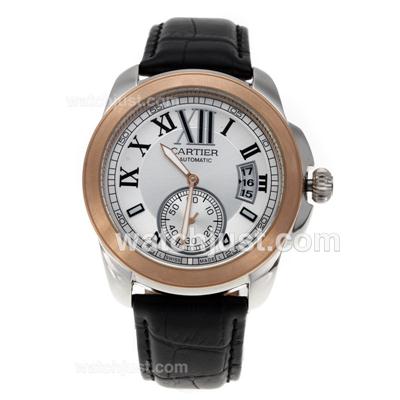 Cartier Calibre de Cartier Automatic Two Tone Case with White Dial-Leather Strap