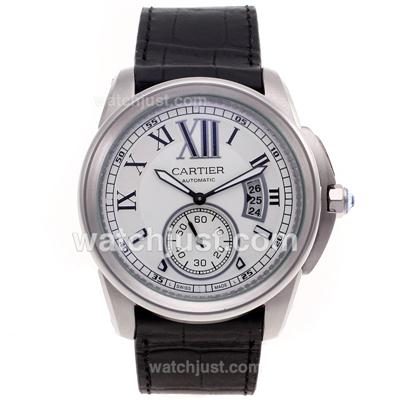 Cartier Calibre de Cartier Automatic with White Dial-Leather Strap