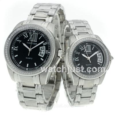 Cartier Calibre de Cartier Diamond Bezel with Black Dial S/S-Couple Watch