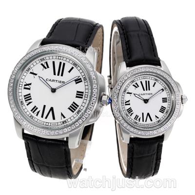 Cartier Calibre de Cartier Diamond Bezel with White Dial-Leather Strap