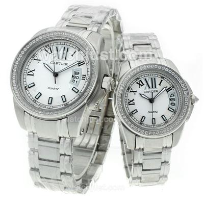 Cartier Calibre de Cartier Diamond Bezel with White Dial S/S-Couple Watch