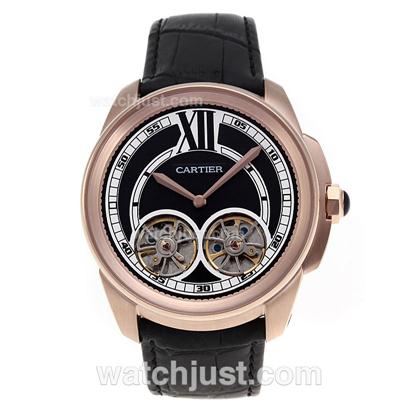 Cartier Calibre de Cartier Double Tourbillon Automatic Rose Gold Case with Black Dial-Leather Strap