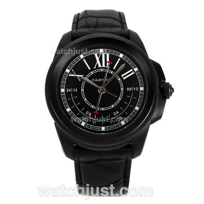 Cartier Calibre de Cartier GMT Automatic PVD Case with Black Dial-Leather Strap