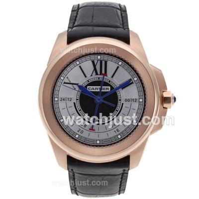 Cartier Calibre de Cartier GMT Automatic Rose Gold Case with White Dial-Leather Strap