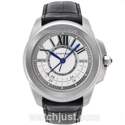 Cartier Calibre de Cartier GMT Automatic with White Dial-Leather Strap