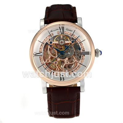 Cartier Calibre de Cartier Skeleton Automatic Rose Gold Case with White Dial-Leather Strap