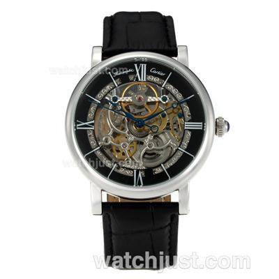 Cartier Calibre de Cartier Skeleton Automatic with Black Dial-Leather Strap