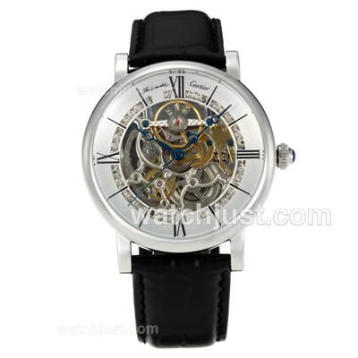 Cartier Calibre de Cartier Skeleton Automatic with White Dial-Leather Strap