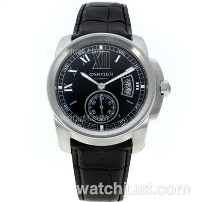 Cartier Calibre de Cartier Swiss ETA 2836 Movement with Black Dial-Black Leather Strap