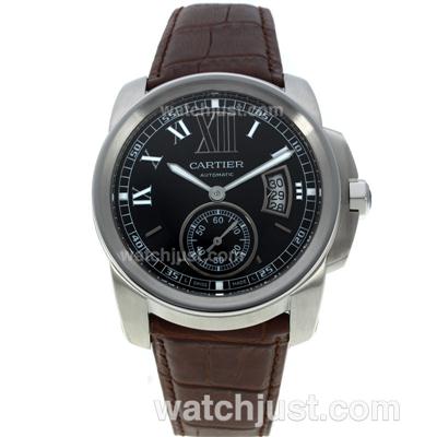 Cartier Calibre de Cartier Swiss ETA 2836 Movement with Black Dial-Brown Leather Strap