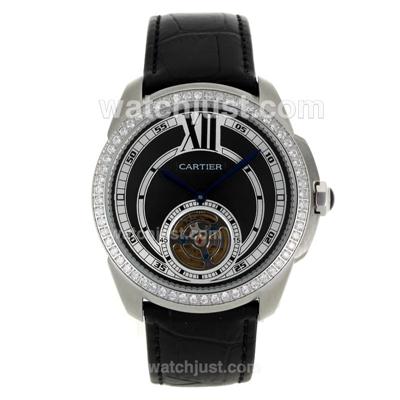 Cartier Calibre de Cartier Tourbillon Automatic Diamond Bezel with Black Dial-Leather Strap