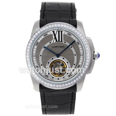 Cartier Calibre de Cartier Tourbillon Automatic Diamond Bezel with Gray Dial-Leather Strap