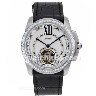 Cartier Calibre de Cartier Tourbillon Automatic Diamond Bezel with White Dial-Leather Strap